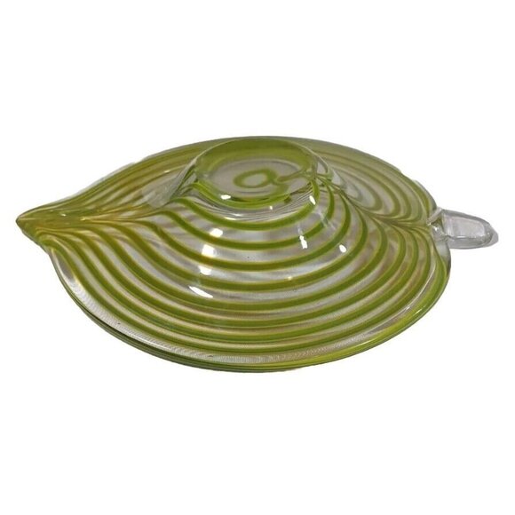 Mid Century Murano Centerpiece Bowl Tyra Lundgren Leaf Stripes Green Yellow - Picture 16 of 16